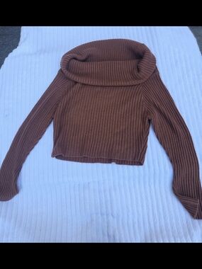 Cider Chocolate Brown Ribbed Cropped Oversized Turtleneck Sweater XL